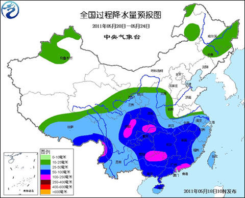 全國降水量預報圖(5月20日至24日)中國天氣網訊 過去兩天(17-18日)